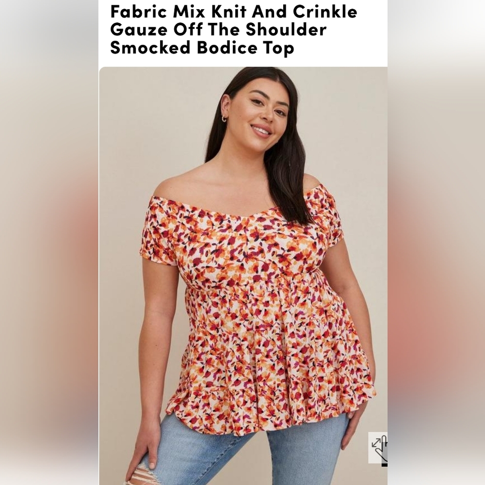 Torrid FABRIC MIX KNIT AND CRINKLE GAUZE OFF THE SHOULDER SMOCKED BODICE TOP 6x